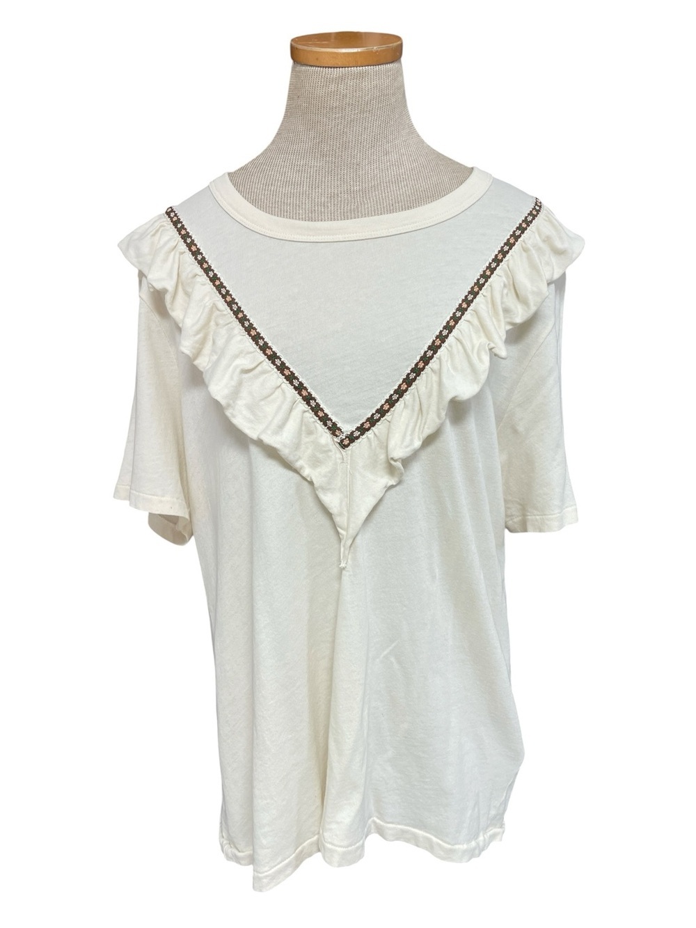 The GREAT T-Shirt Cream Brown Floral Trim Ruffle Size 3 Large
